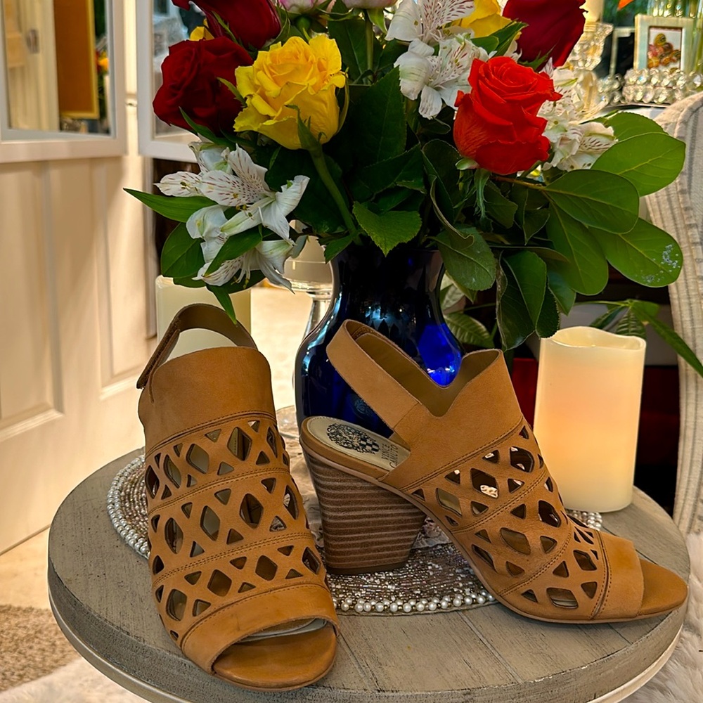 Vince Camuto Gently Worn "Deverly" Nubuck Laser Cut Leather Sandals